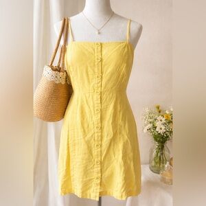 Forever 21 Butter Yellow Linen Blend Dress | Button Front Mini | Size M